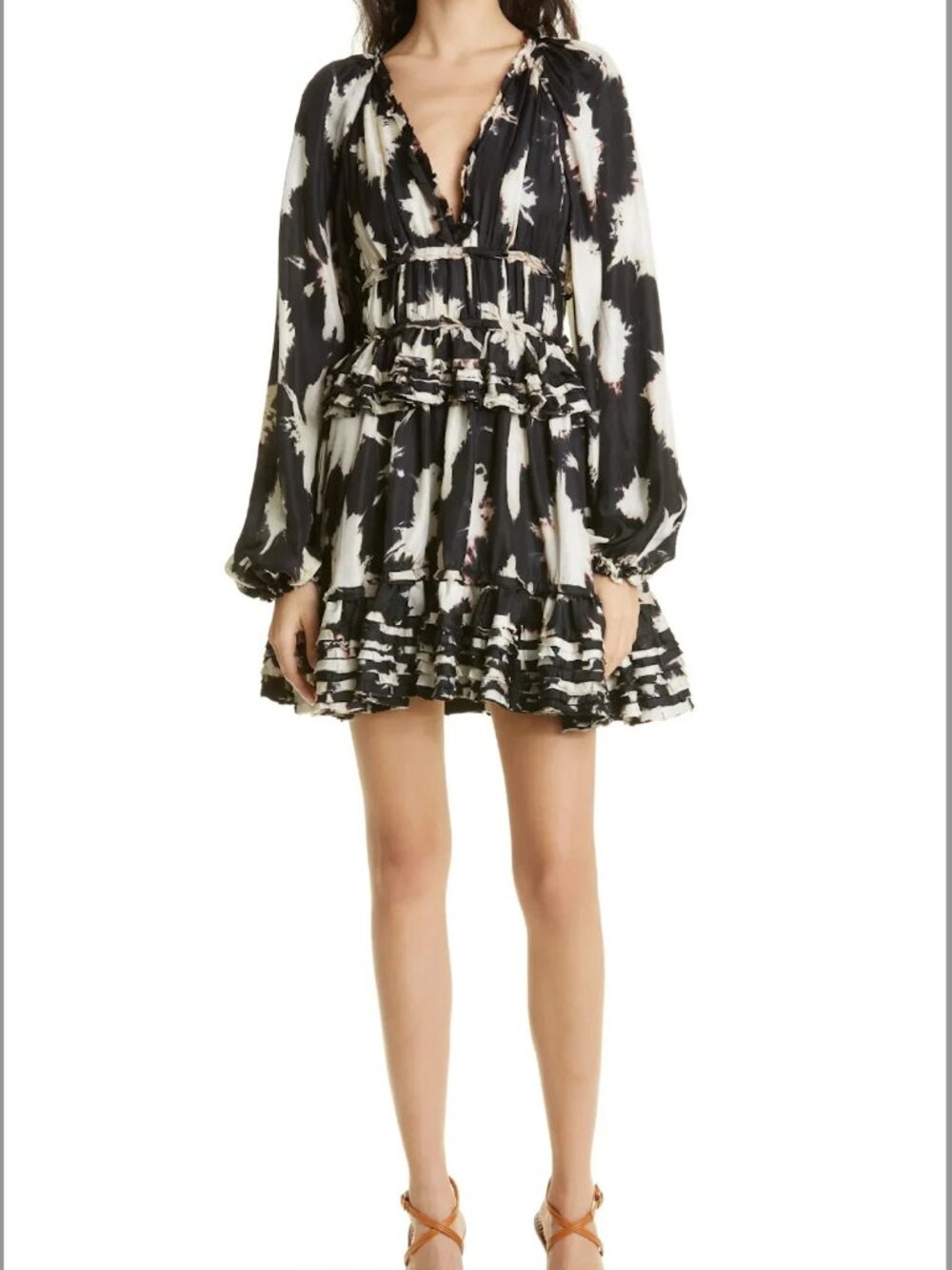Ulla Johnson Emery Long Sleeve Tie Dye V-Neck Ruffled Skirt Mini Dress - sz 00